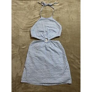 Sim & Sam Womens XS Mini Dress Blue White Gingham Check Cutout Halter Summer